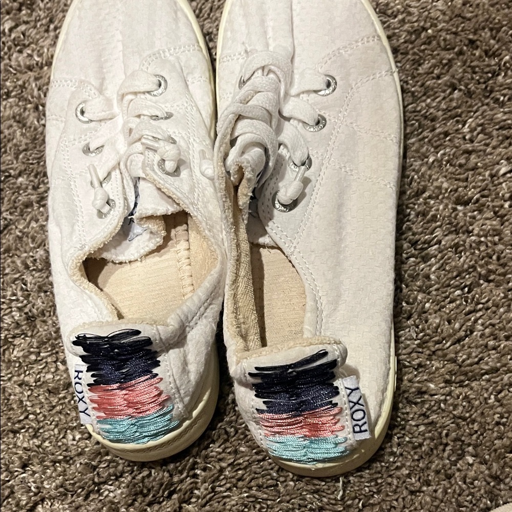 Roxy White Canvas Kids Slip-On Sneakers with Pink Teal and Black Heel Stitch